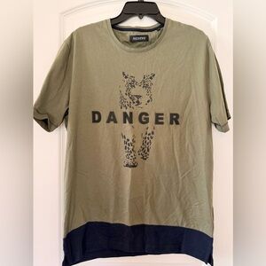 Andrew Men’s Graphic T-Shirt XL Olive Green “Danger” Leopard Print 100% Cotton